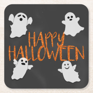 Orange Glitter Happy Halloween Square Paper Coaster