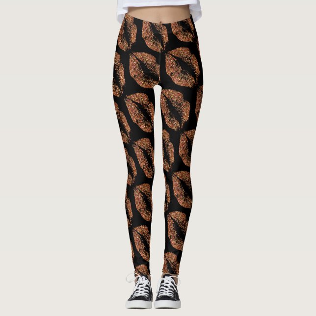 Orange Glitter Lips Modern Black Leggings (Front)