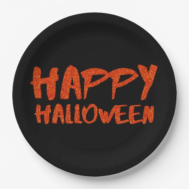 Orange Glitter Marker Happy Halloween Paper Plate (Front)