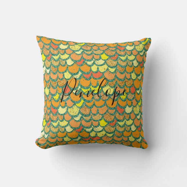 Orange Glitter Mermaid or Dragon Scales Cushion (Front)