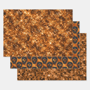 Orange Glitter Skull Halloween Pattern Wrapping Paper Sheet