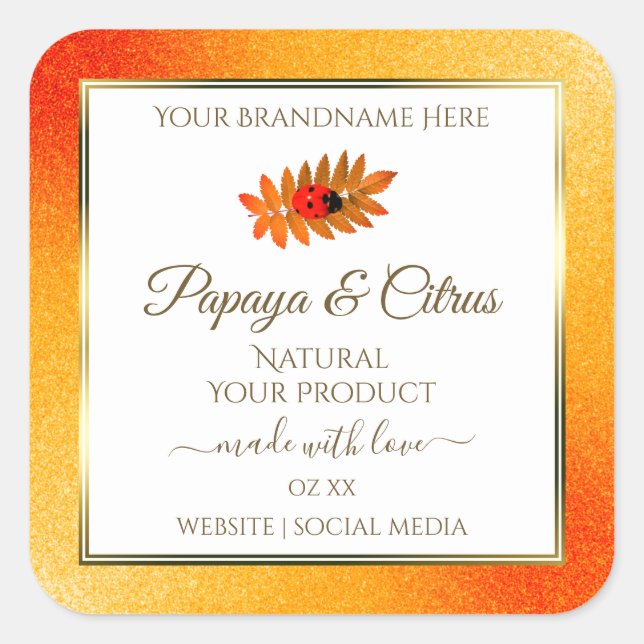 Orange Glitter White Product Labels with Ladybug (Front)