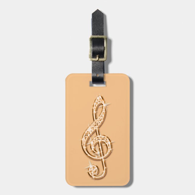 Orange Glitzy Sparkly Music Notes Luggage Tag (Front Vertical)