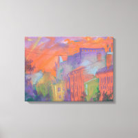 Orange Glow City Sunset Landscape Pastel Painting 