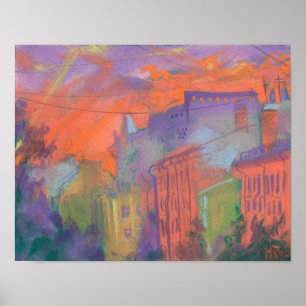 Orange Glow City Sunset Landscape Pastel Painting Poster