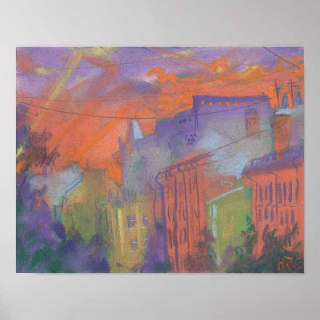 Orange Glow City Sunset Landscape Pastel Painting Poster (Front)