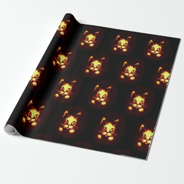 Orange Glowing Halloween Cat Wrapping Paper (Unrolled)