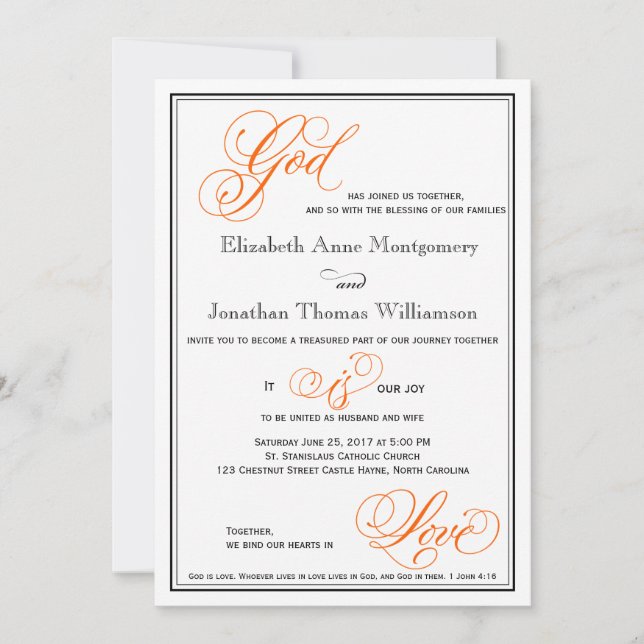 Orange God is Love Christian Wedding Invitation (Front)
