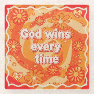 orange God wins everytime christian faith Glass Coaster