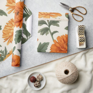 Orange Gold Autumn Marigolds Foliage Pattern Wrapping Paper