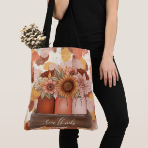 ORANGE GOLD & BEIGE SPLASHES & GIVE THANKS SAYING TOTE BAG