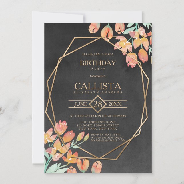 Orange Gold Black Floral Terrarium Birthday Party Invitation (Front)