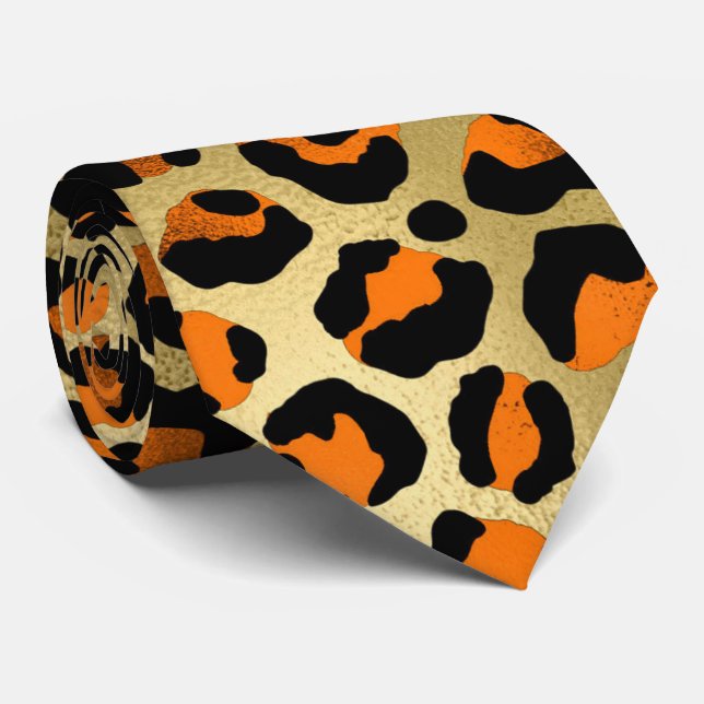 Orange gold black leopard print animal skin chic tie (Rolled)