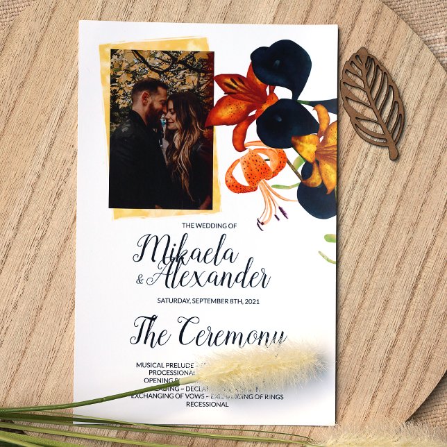 Orange, Gold, Blue Calla Lilies Wedding Program (Orange Blue Fall Flowers Wedding Invitations, Botanical Tiger Lily Wedding Announcements)