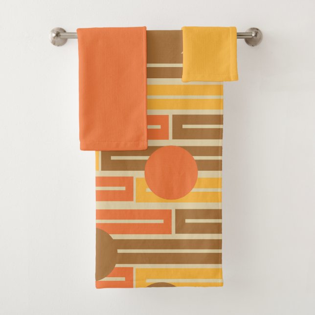 Orange, Gold, Brown Rectangles and Circles Bath To Towel Set (Insitu)