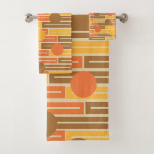 Orange, Gold, Brown Rectangles and Circles Bath Towel Set