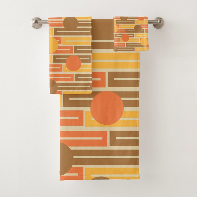 Orange, Gold, Brown Rectangles and Circles Bath Towel Set (Insitu)