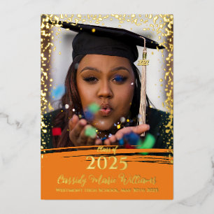 Orange Gold Confetti Foil Graduation Announcement