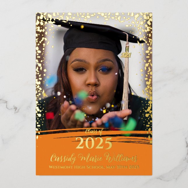 Orange Gold Confetti Foil Graduation Announcement (Front)