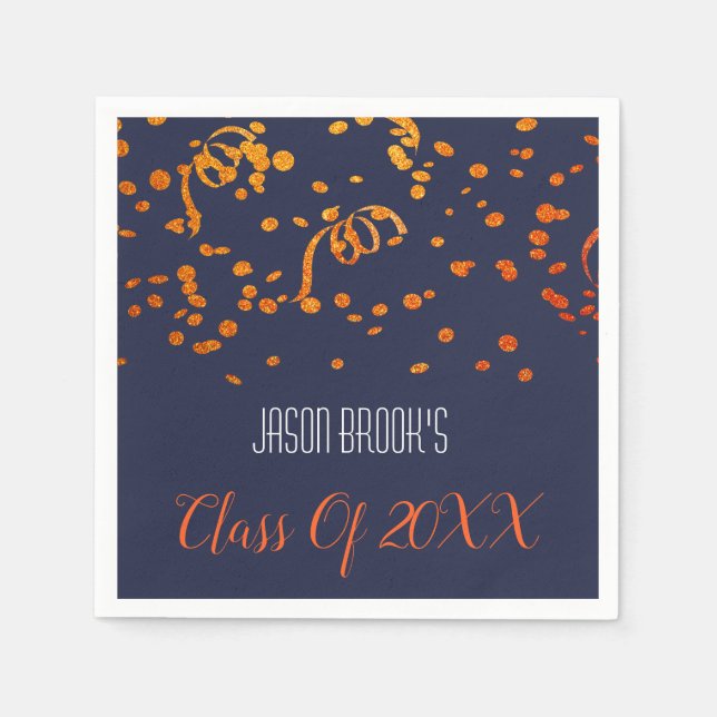 Orange Gold Confetti On Black Graduation Party Napkin (Front)