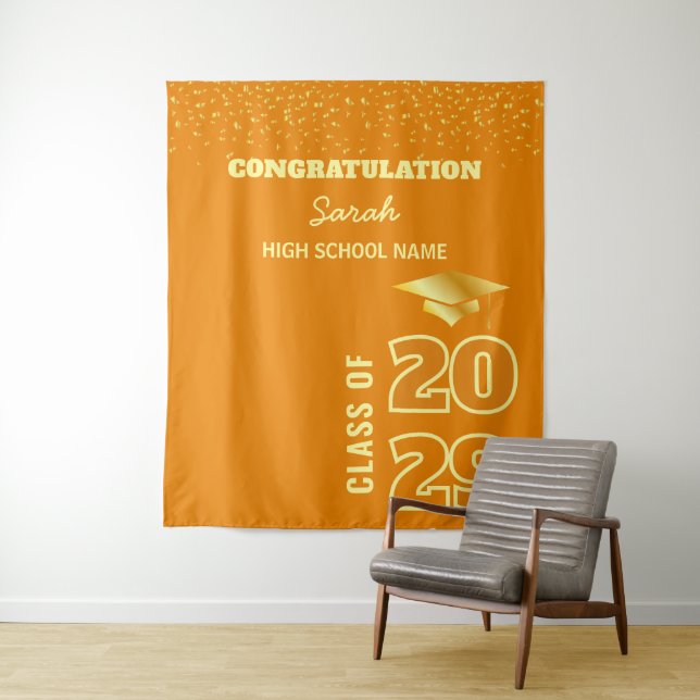 Orange & Gold Custom Graduation Party Backdrop Tapestry (In Situ)
