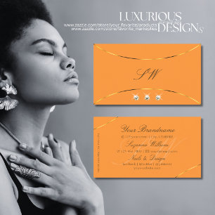 Orange Gold Decor Borders Diamonds and Monogram Business Card