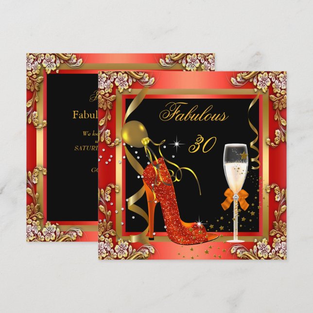 Orange Gold Fabulous 30 Birthday Party 2 Invitation (Front/Back)