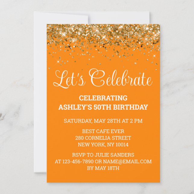 Orange Gold Glitter 50th Birthday Let's Celebrate Invitation (Front)