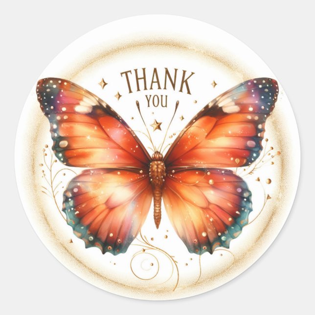 Orange Gold Glitter  Butterfly - Thank you - Classic Round Sticker (Front)