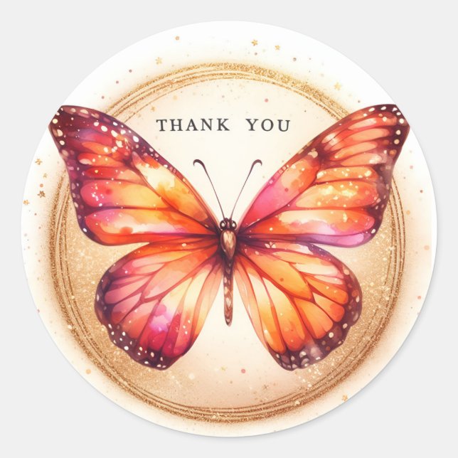 Orange Gold Glitter  Butterfly - Thank you - Classic Round Sticker (Front)