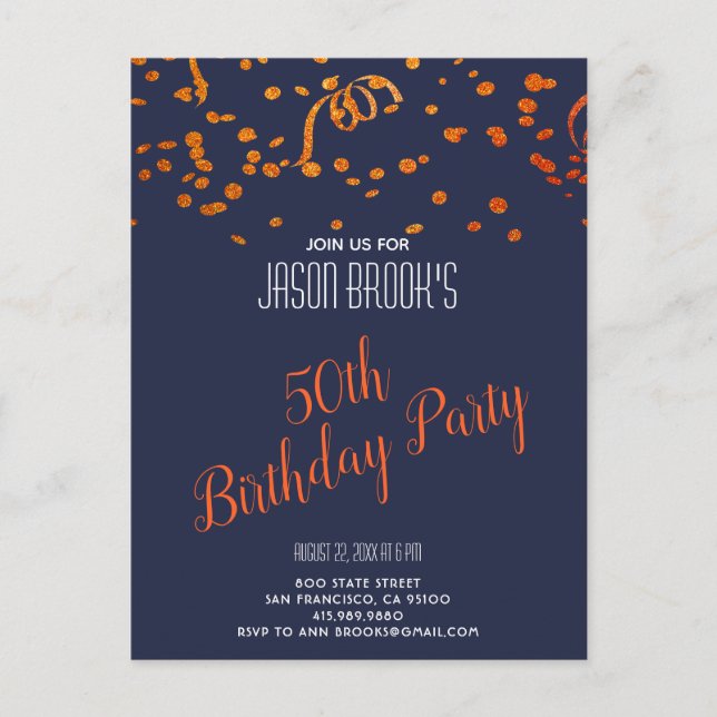 Orange Gold Glitter Confetti Black 50th Birthday Invitation Postcard (Front)