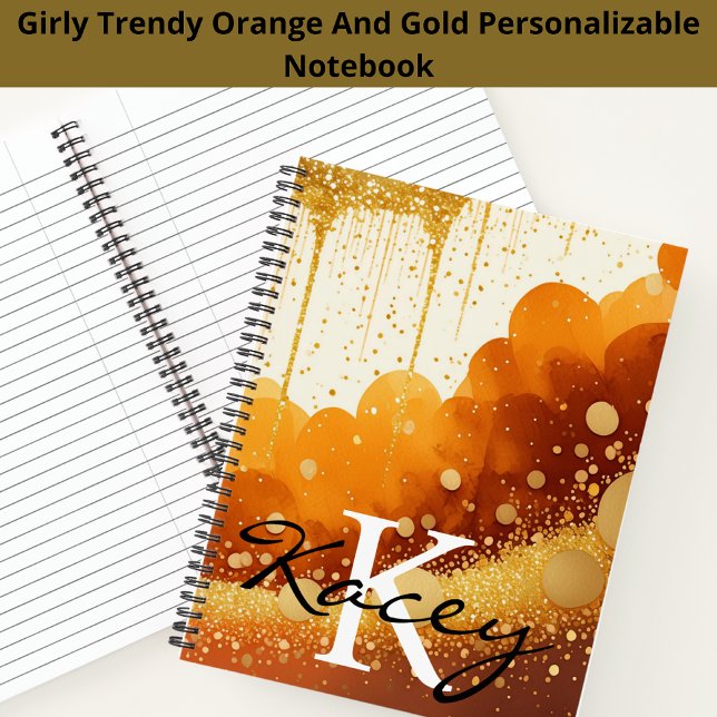 Orange Gold Glitter Girly Monogram Name Notebook (Creator Uploaded)