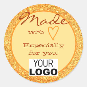 Orange Gold Glitter Made with Love Heart Logo  Classic Round Sticker