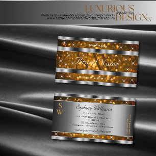 Orange Gold Glitter Sparkle Stars Monogram Silver  Business Card