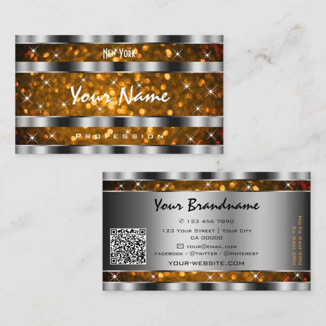 Orange Gold Glitter Sparkle Stars QR Code Silver Business Card (Front/Back)
