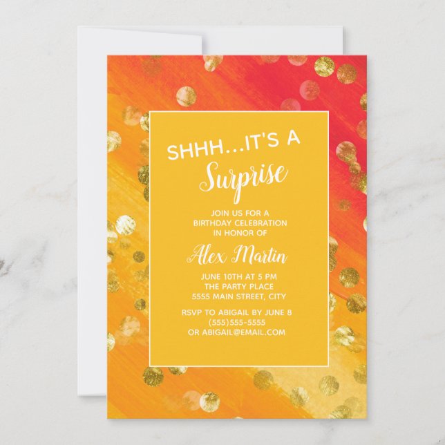 Orange Gold Glitter Surprise Birthday Party   Invitation (Front)