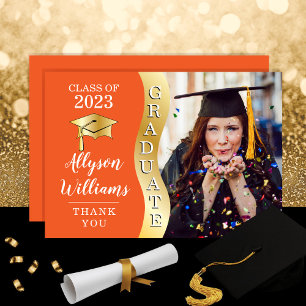 Orange   Gold Graduate Wave Grad Cap Photo Thank You Card