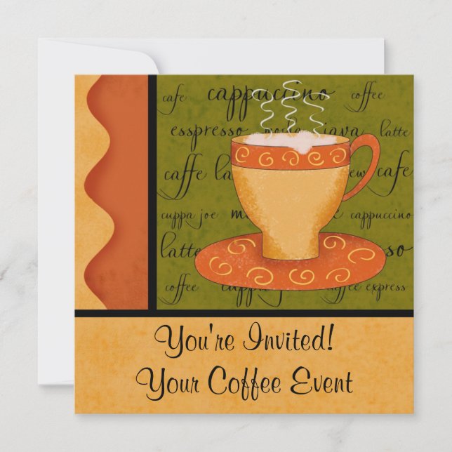 Orange Gold Green Coffee Cup Art Custom Name Invitation (Front)