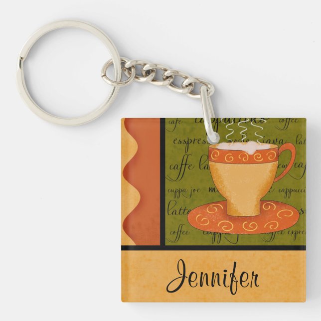 Orange Gold Green Coffee Cup Art Custom Name Key Ring (Front)