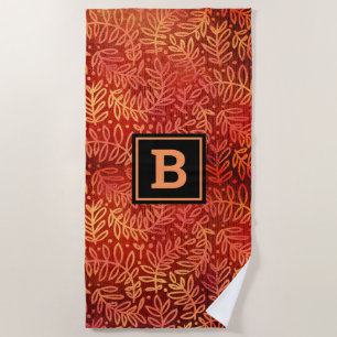 Orange gold leaf pattern monogram bold modern beach towel
