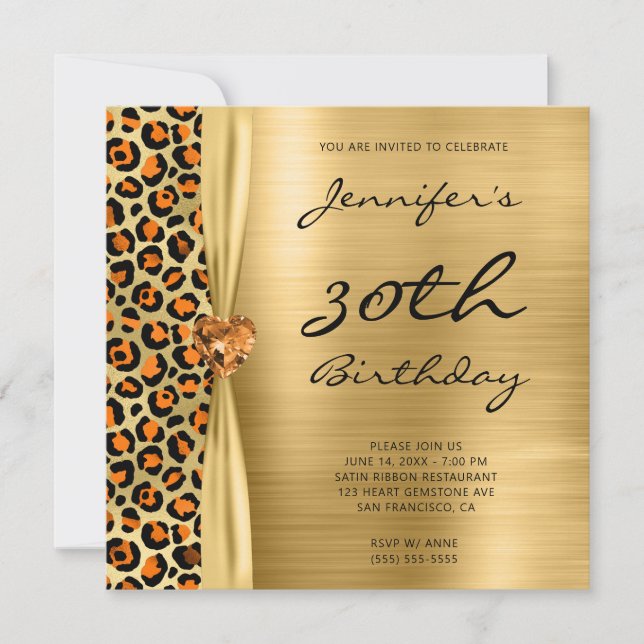 Orange Gold Leopard Foil Gem Ribbon 30th Birthday Invitation (Front)