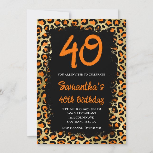 Orange Gold Leopard Painted Black 40th Birthday Invitation (Front)