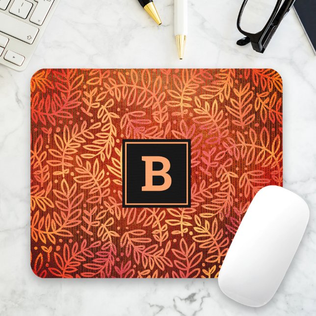 Orange gold monogram modern leaves foliage pattern mouse mat (Creator Uploaded)