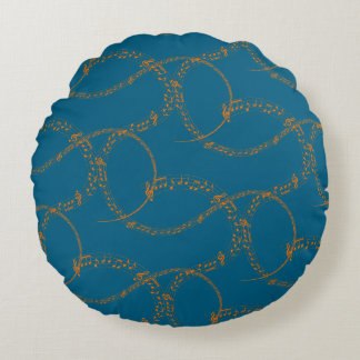 Orange Gold on Blue Music Note Pattern Round Cushion