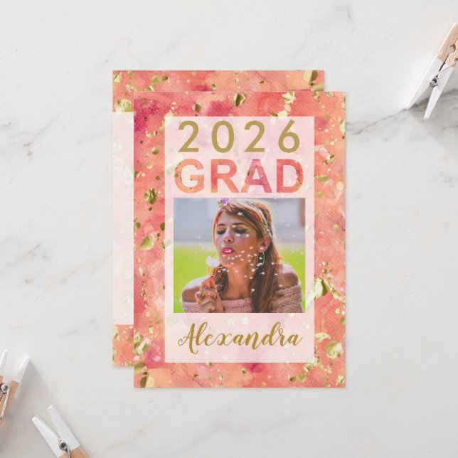 Orange Gold Watercolor Art 2025 Photo Graduation Invitation (Front/Back In Situ)