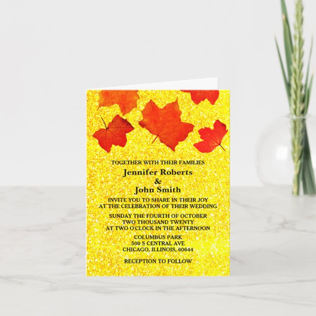 Orange Gold Yellow Glitter Fall Leaves Wedding Invitation (Front)