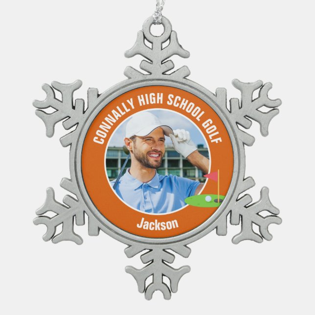 Orange Golfer Photo High School Golf Team Snowflake Pewter Christmas Ornament (Front)