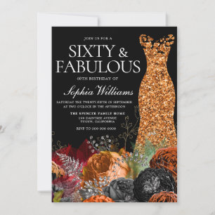 Orange Gown & Floral Fall 60th Birthday Party Invitation