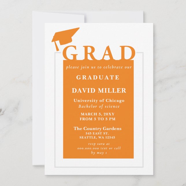 Orange Grad Modern Minimalist Graduation   Invitation (Front)