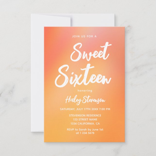 Orange Gradient Modern Trendy Sweet 16 Birthday Invitation (Front)